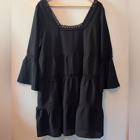 ODDY Black Shift Boho With Lace Trim Mini Dress Size Medium - Picture 2 of 8